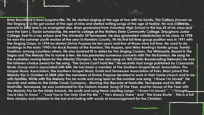 Biography of Brian Burchfield written on a chalkboard. The full text follows.